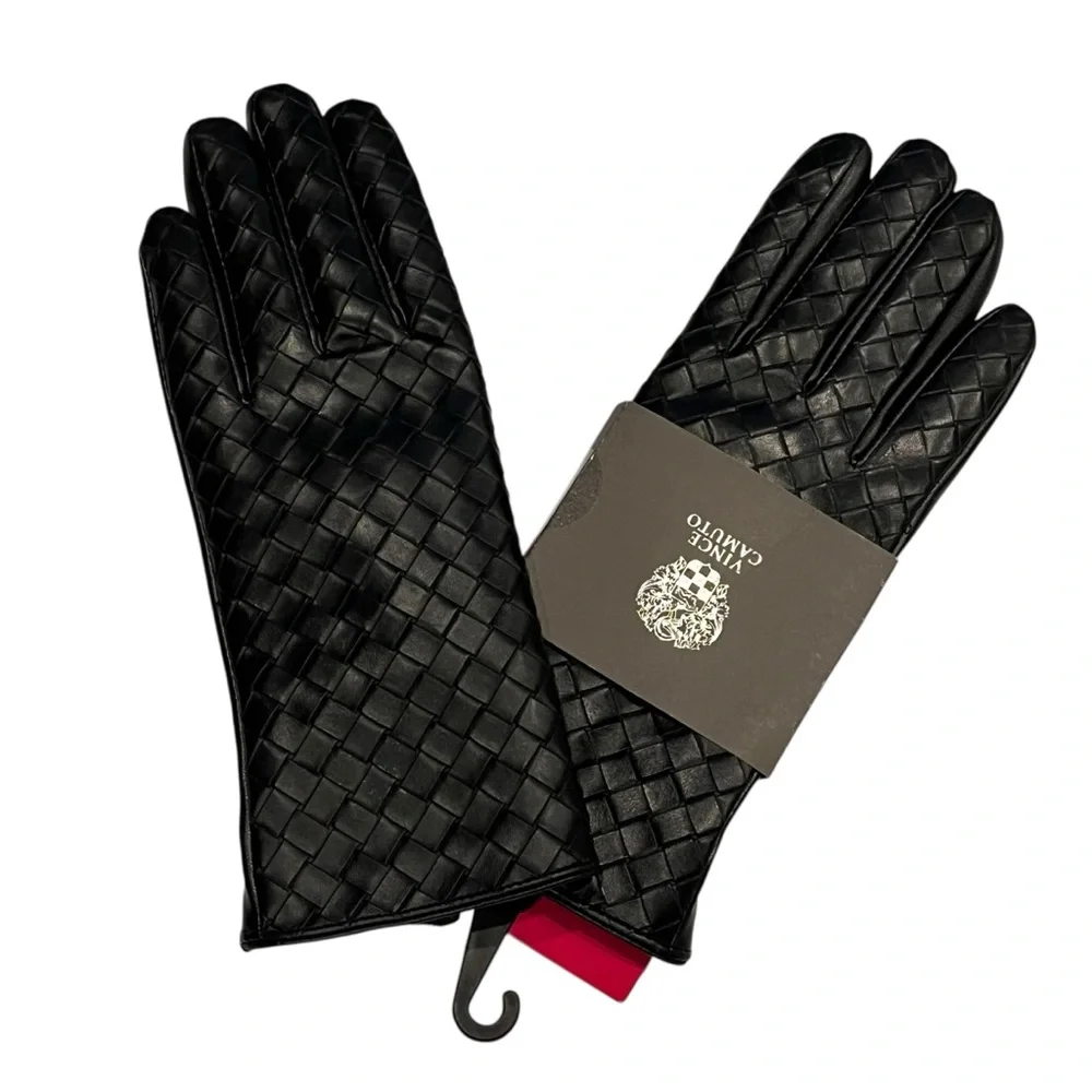 Vince Camuto Black Woven Gloves Faux Leather Fleece Lined Winter Dressy Classic